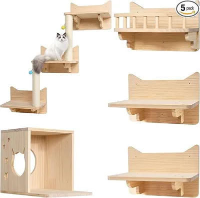 Produktbild von Kletterwand Katzen, 5-teiliges Wandregal Set aus Holz Stabiles Katzenwandmöbel mit Katzentreppe, Katzenhaus, Katzenplattform, Katzenwand & Kratzbaum