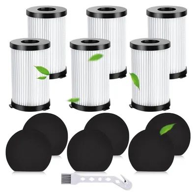 A set of vacuum cleaner filters and sponges arranged on a white background.