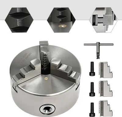 Produktbild von Drehfutter - Selbstzentrierend 3-Backen - 125 mm Durchmesser - 0,07 mm Genauigkeit - Manuell - Für Drehbank/Fräse/CNC - Mit Schlüssel & Backensatz - Braun