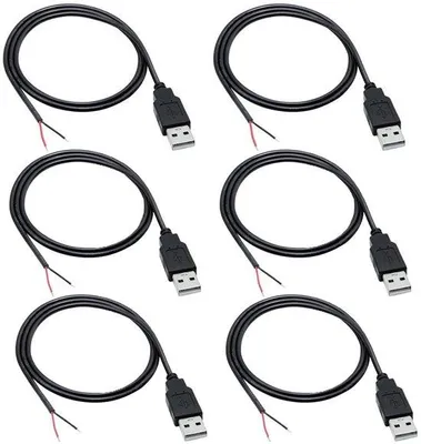 Image de 6 câbles pigtail USB 22 AWG, 2 pôles, 1 m, noir