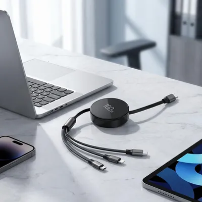 Produktbild von 3in1 Roll-Ladekabel: 100W Power für Android & iPhone. 1m ausziehbar, extrem robust & ohne Kabelsalat - USB-C Lightning Micro Schnellladekabel