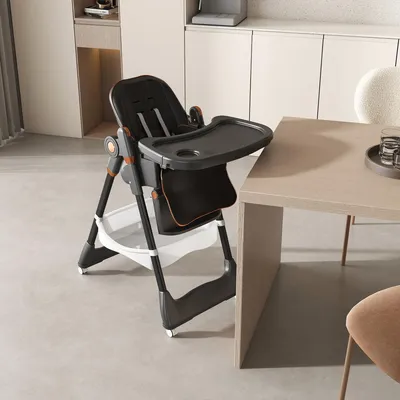 Image de Chaise haute réglable pour bébé (0-6 ans) avec ceinture de sécurité et roulettes, facile à nettoyer, noire