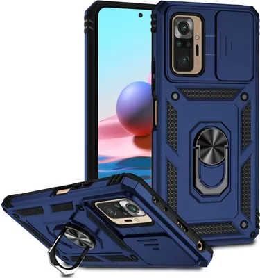 Image de Etui pour Xiaomi Redmi Note 10 Pro/10 Pro Max étui double couche avec protection coulissante de l'appareil photo et anneau de support bleu