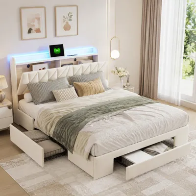 Produktbild von INONEFT Jugendbett Doppelbett 160x200cm, Polsterbett mit LED und USB Type-C, Stauraumbett mit 3 Schubladen, Lattenrost und Steckdosen, Samt Beige