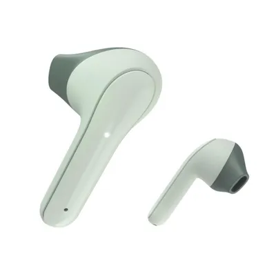 A pair of white and gray wireless earbuds are shown against a white background.