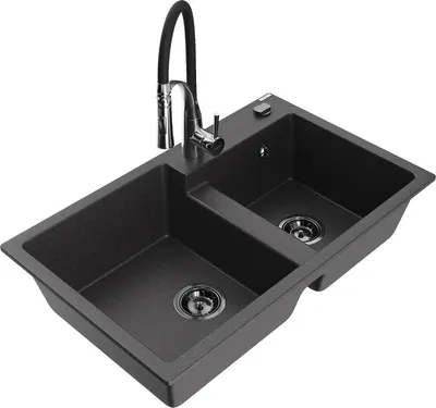 Produktbild von Mexen Tomas 2-Becken-Granitspüle mit Mischbatterie Aster, Schwarz gesprenkelt - 6516-76-73450-07-B