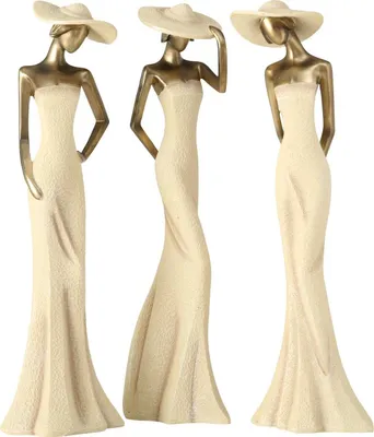Three decorative figurines of women in long dresses and hats, displayed against a white background.