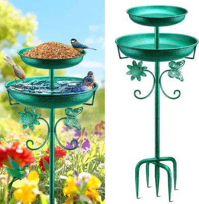 Productafbeelding van Vogelbad 42 inch, dubbele vogeldrinker en voeder, groen metaal, voor tuin