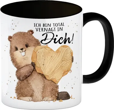 Produktbild von Biber Kaffeebecher in schwarz mit Spruch Ich bin total vernagt in dich