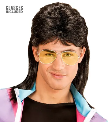 Produktbild von Vokuhila Männer Perücke mit Brille 80er Jahre Mullet in schwarz oder blond Schwarz