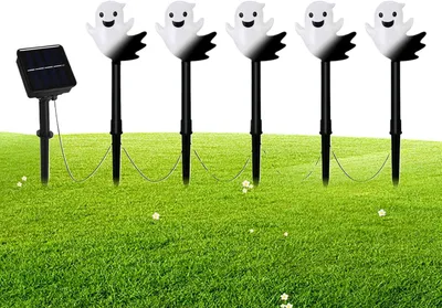Produktbild von Halloween-Erdspieße für den Garten, 5 Stück, dekorative Solarbeleuchtung, wasserdicht, Geistermotiv für Rasen, Allee, Terrasse und Hof