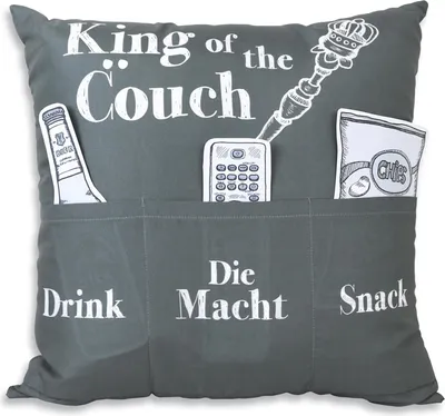Produktbild von Kissen aus Stoff 43x43cm Sofahelden King of the Couch mit Taschen und Deko
