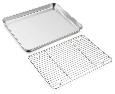 Productafbeelding van Bakplaat met koelrooster, grote roestvrijstalen bakplaat, cakevorm en koelrooster, 40,5 x 30,5 x 2,5 cm, rechthoekige bakplaat en koelrooster voor bakken, braden en afkoelen, vaatwasmachinebestendig