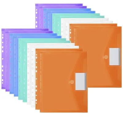 Immagine prodotto di Custodie per documenti A4, confezione da 20 pezzi, perforazione a 11 fori, chiusura a strappo, tasca per etichette, in PP, disponibili in 5 colori