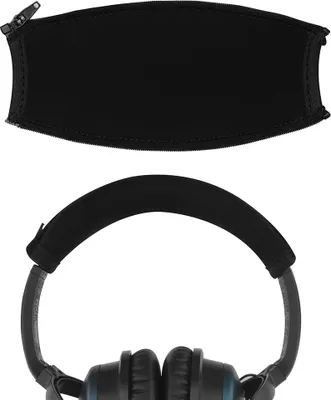 A black headphone headband cover and a black headphone headband are shown against a white background.