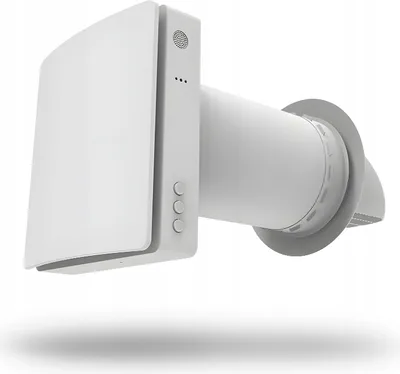 A white ventilation unit with a cylindrical duct extending from it, shown against a white background.