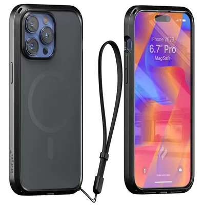 A product shot of a phone case with a phone inside, shown from two angles.