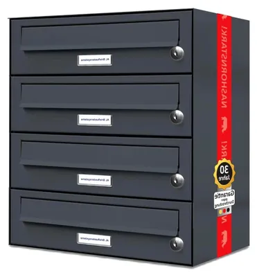 Produktbild von 4er Briefkastenanlage Anthrazit Grau RAL 7016, Briefkasten DIN A4, 4 Fach Postkasten modern Aufputz