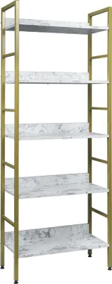Image de Happyment Bibliothèque Nika - Industrielle - 5 couches - Blanc/Doré - Look Marble - Bibliothèque - Salon, Chambre & Chambre d'enfant - bois/métal - 60x27,5x160 cm