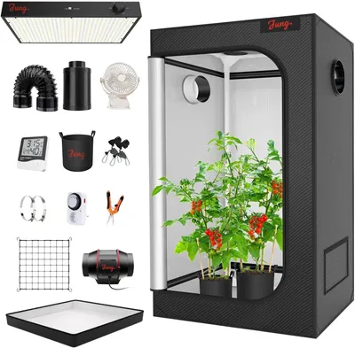 A collection of items for a grow tent setup, including a grow tent, LED grow light, fan, and accessories, with plants inside the tent.