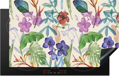 Produktbild von KitchenYeah© Herdabdeckplatte Dschungel - Blumen - Muster , 83x51cm, Küche Deko, Glaskeramikkochfeld Herdabdeckung, Abdeckplatte fùr Kochfeld