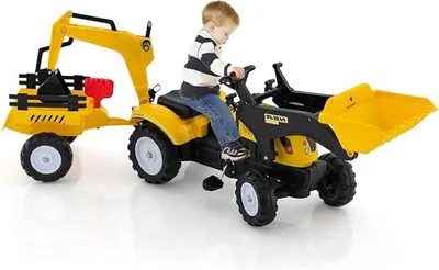 Produktbild von Trettraktor, Kindertraktor mit Anhänger & Schaufel & Frontlader, Kinderbagger Sitzbagger mit Hupe & Rechen, Tretfahrzeug für Kinder ab 3 Jahren (Gelb)