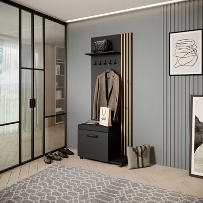 Image de Armoire LIVIA - Armoire haute avec cintres, armoire à chaussures, noir, lamelles en chêne Artisan, coussin d'assise noir, à droite