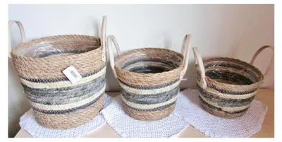 Produktbild von 3er Set Übertöpfe aus Seegras 25-19-15,5 cm Blumenübertopf Pflanzkorb - innen foliert mit Henkel