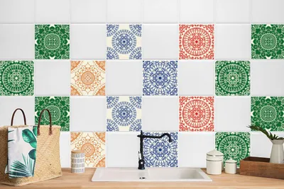 Produktbild von 24 Stück Magic Stick Sticker Aufkleber Küchen Wandfliesen Bad Deko Motive Nachbildung Mandala 10 x 10 cm