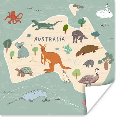 Produktbild von MuchoWow® Poster Weltkarte Kinder - Tiere - Australien - Jungen - Blau - Kinder 50x50 cm - Wohnzimmerdekoration