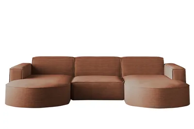 A brown sectional sofa with a U-shaped configuration, presented against a white background.