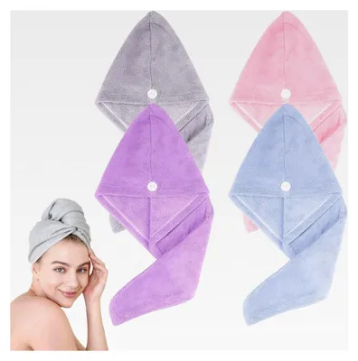 Produktbild von 4 Stück Haarturban, Mikrofaser Handtuch für Haare, Turban Handtuch mit Knopf, Saugfähig und Schnell Trocknend, Mikrofaser Handtuch für Alle Haartypen (Rosa, Grau, Hellblau, Lila)