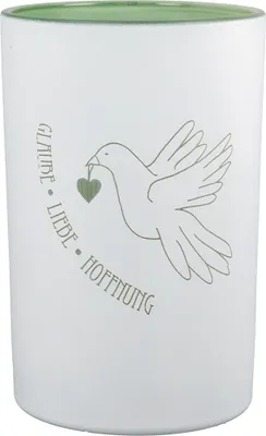 Produktbild von Gilde Windlicht, zylindrisch, Glaube, Spruch, Taubenmotiv, Glas, weiß, VE 4, D. 12 cm Höhe: 18.00 cm Durchmesser: 12.00 cm 50720