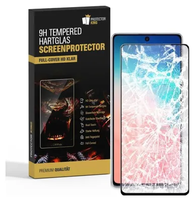 A product box for a screen protector and a smartphone with a cracked screen.