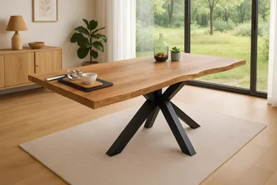 Produktbild von Esstisch Baumkante massiv Akazie Natur 120 x 80 Spider-Gestell schwarz JIM