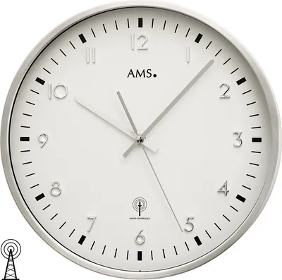 Produktbild von AMS 5914 Wanduhr Funk Funkwanduhr analog silbern rund aus Aluminium gebürstet