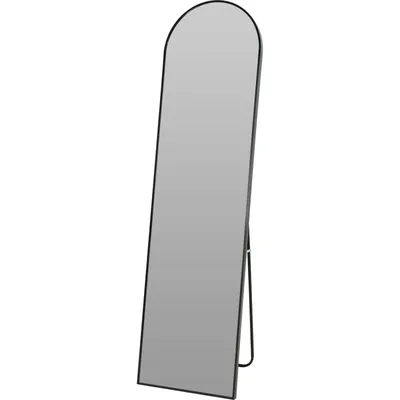 A full-length mirror with a black frame, standing on a white background.