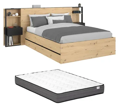 Produktbild von Bett mit Kommode und Nachttischen 140 x 190 cm - Natur und schwarz + Matratze - LUDARO