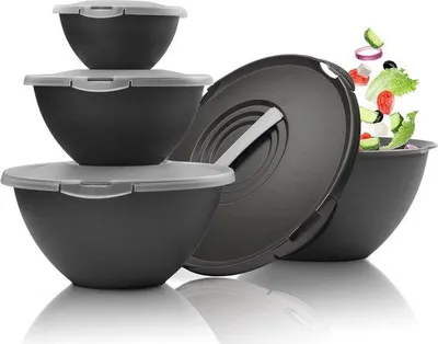 Zdjęcie produktu dla Zestaw misek do sałatek Unyqoos® – duży, 8-elementowy zestaw plastikowych misek z pokrywkami (pojemność: 6 l, 3,6 l, 1,9 l, 0,7 l), wolny od BPA, możliwość układania w stos, można myć w zmywarce, kolor antracyt