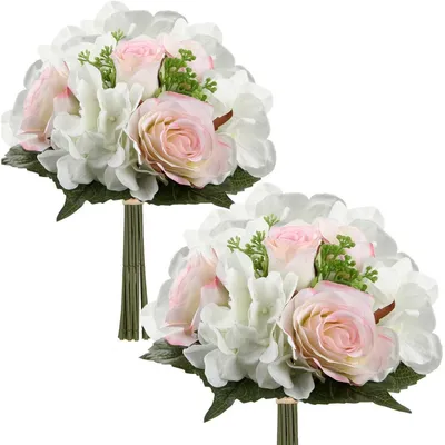 Image de Bouquet de fleurs artificielles, hortensias et roses, 30 cm, rose, lot de 2