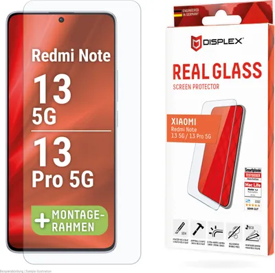 Produktbild von Displex Panzerglas (10H, 2D) für Xiaomi Redmi Note 13 5G/13 Pro 5G, Eco-Montagerahmen, kratzer-resistent, Xiaomi, Xiaomi Redmi Note 13 5G/13 Pro 5G, Trockene Anwendung, Schmutzabweisend, Kratzresistent, Schockresistent, Stoßfest, Transparent, 1 Stück(e)