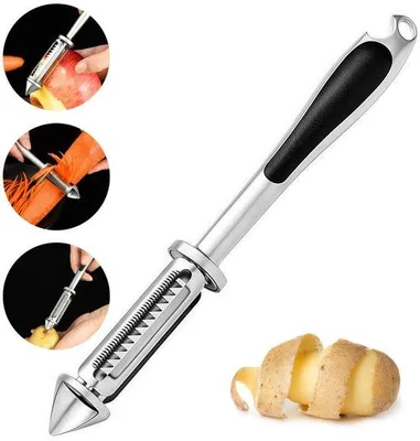 Produktbild von 4-in-1 Gemüseschäler - Mit Julienne-Schneideaufsatz, Flaschenöffner und Kernausdreher - Multifunktionaler Gemüseschäler - Apfelschäler - Apfelentkerner - Reibe - Kartoffelschäler - Schäler-Werkzeug - Gemüseschneider - für Obst und Gemüse