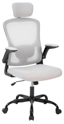 Zdjęcie produktu dla Krzesło biurowe – ergonomiczne krzesło biurowe z siatki – wysokie oparcie – regulowany zagłówek – podparcie lędźwiowe – regulacja wysokości – obrotowe – kółka i podłokietniki – szare