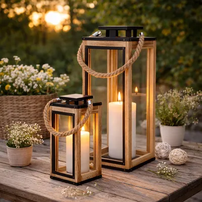 Produktbild von 2-teiliges Laternen-Set aus Holz mit Metalldach Deko-Laternen