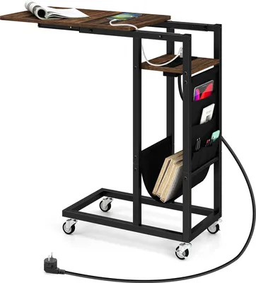 A C-shaped side table with a charging station and storage pockets, shown on a white background.