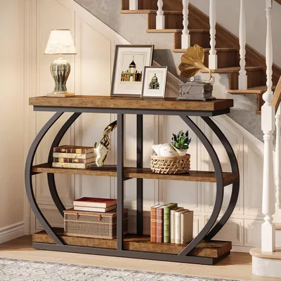 Image de Table console, 104 cm, table d'entrée industrielle à 3 niveaux avec structure métallique incurvée et étagères de rangement, idéale pour le salon, l'entrée ou unReproduction rustique
