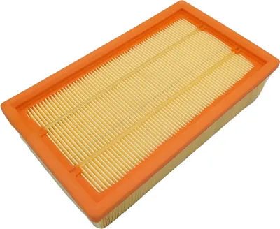 A rectangular air filter with orange edges and a pleated yellow filter material.
