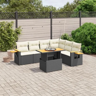 Produktbild von Design 7-tlg. Garten-Sofagarnitur mit Kissen Schwarz Poly Rattan, Gartenmöbel-Sets 2024 Neu