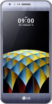 A front view of an LG X Cam K580 smartphone with its screen displaying the time and date, and a colorful abstract wallpaper.