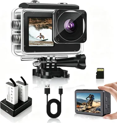 Productafbeelding van Actiecamera dubbel scherm - 1080p Full HD - 16 MP - 40 m waterdicht - Helmcamera met 2 accu's